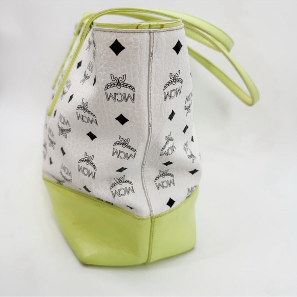 MCM Tote Bag White Yellow Visetos Shopper Authentic Leather Zipper Purse Handbag - Picture 9 of 15